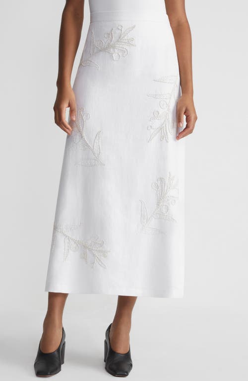 Floral Embroidered Linen Midi Skirt in White