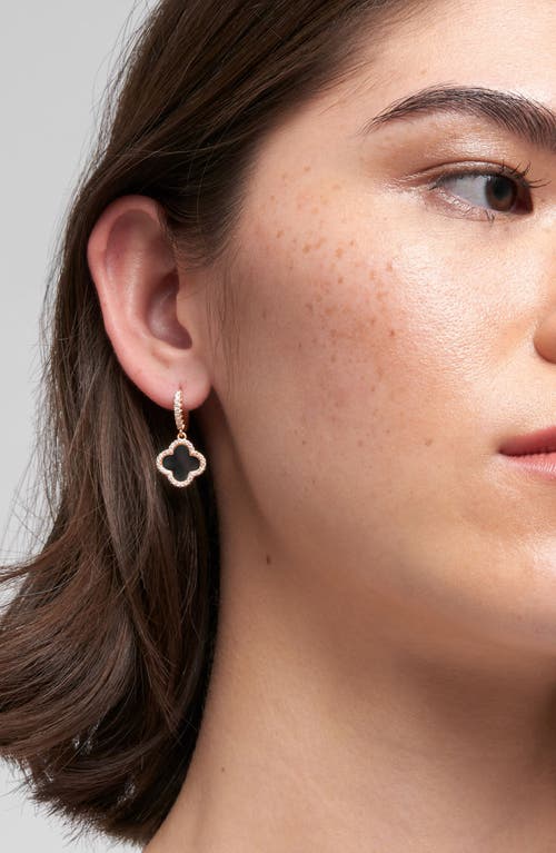 Adornia 14k Rose Gold Plated Crystal Halo Black Clover Dangle Huggie Earrings In Rosegold/black