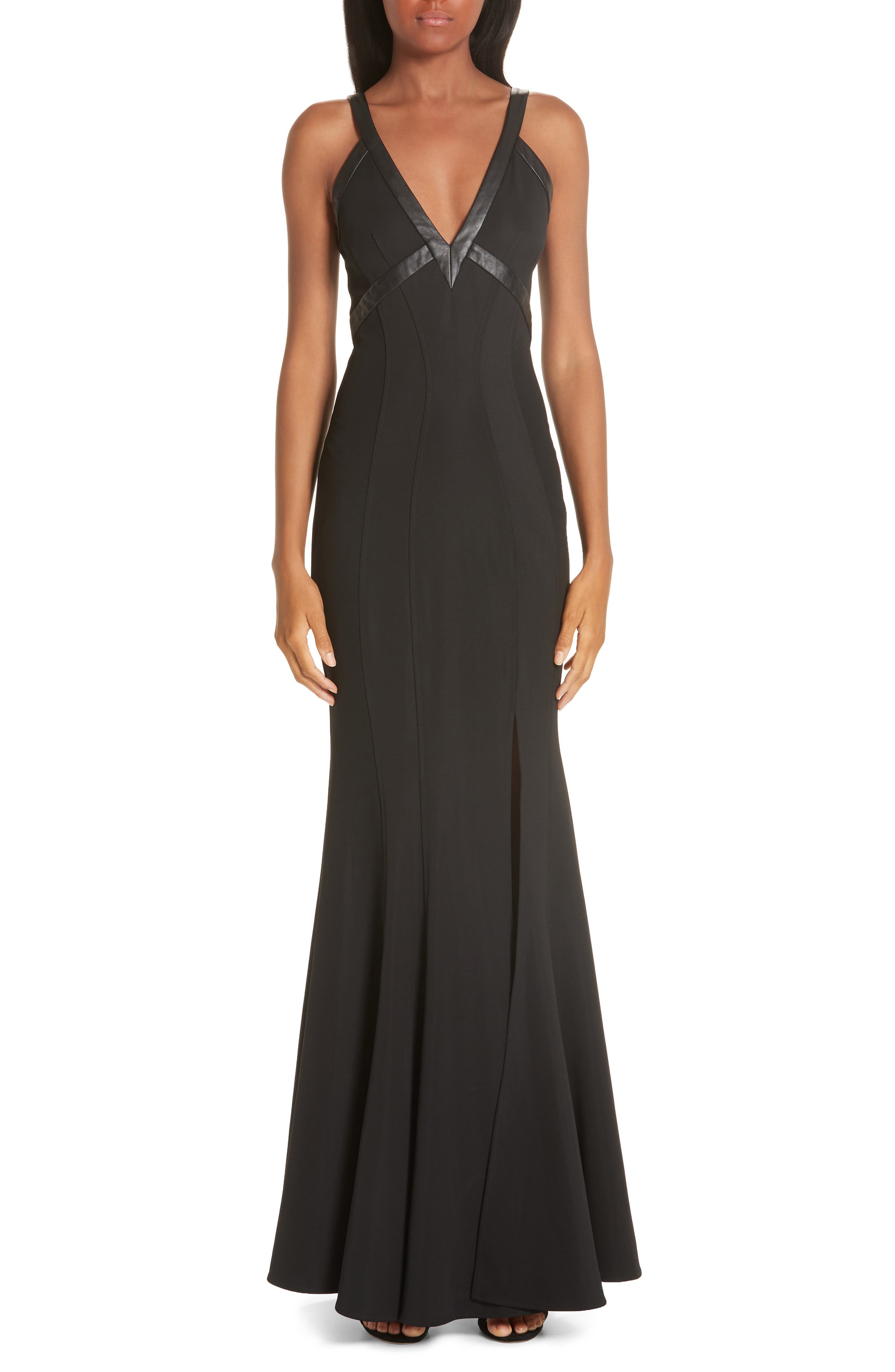 Zac Zac Posen Jem Leather Trim Trumpet Gown, Black