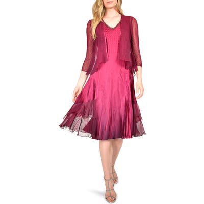 Komarov Beaded Charmeuse & Chiffon Dress And Jacket, Burgundy