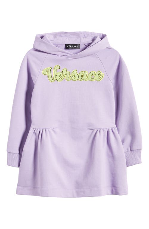 Versace Kids' Logo Appliqué Gathered Cotton Sweatshirt Dress in Baby Violet Acid Lime
