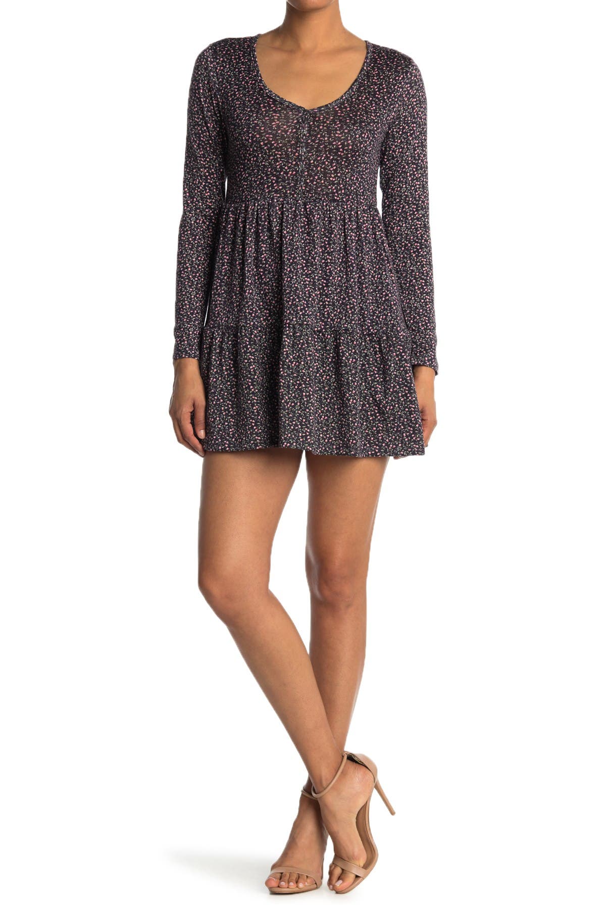 wildflower ditsy floral print long balloon sleeve tiered dress