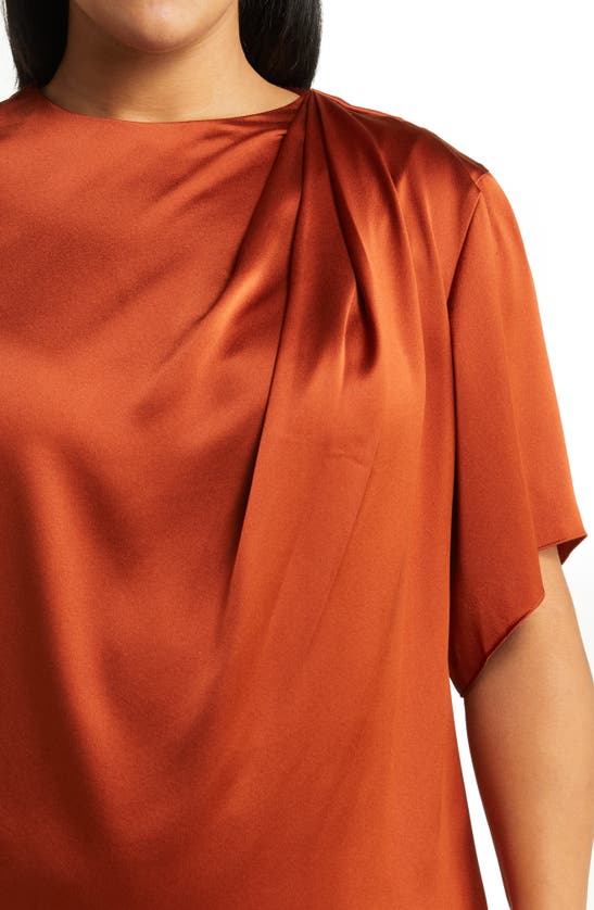 Shop Vince Drape Neck Flutter Sleeve Silk Top In Rust Amber