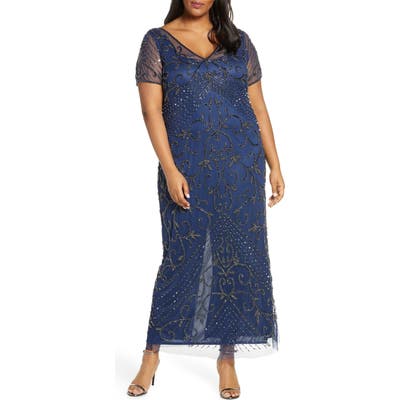 Plus Size Pisarro Nights Beaded Mesh Gown, Blue