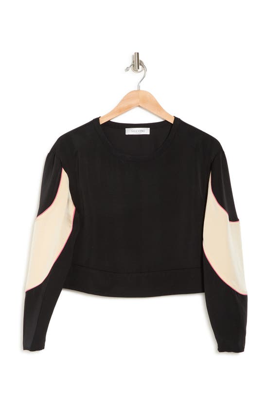 Shop Valentino Winged Panel Long Sleeve Knit Top In Nero/betulla/shadow-pink