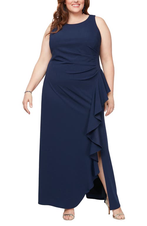 Cascade Ruffle Sleeveless Gown in Navy