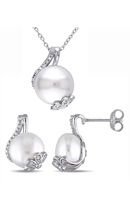 Shop Delmar Cultured Freshwater Pearl Pendant Necklace & Stud Earrings Set In Silver/pearl