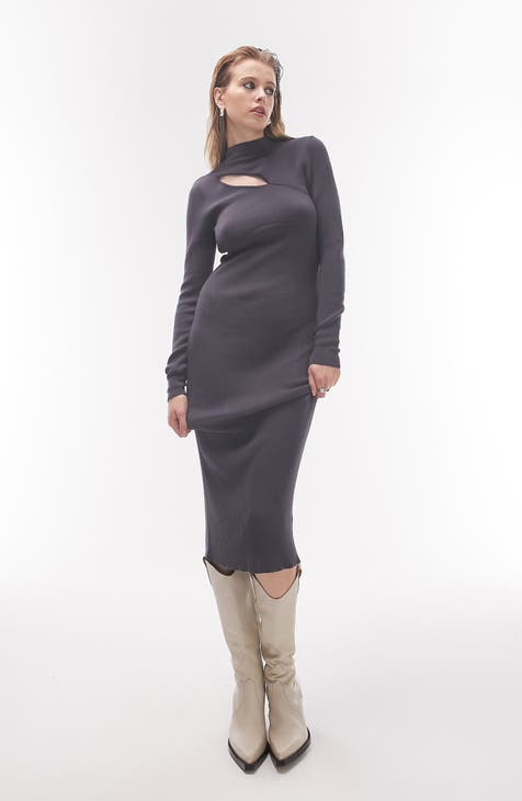 Women Grey & Black Geo Woolen Sweater Dress