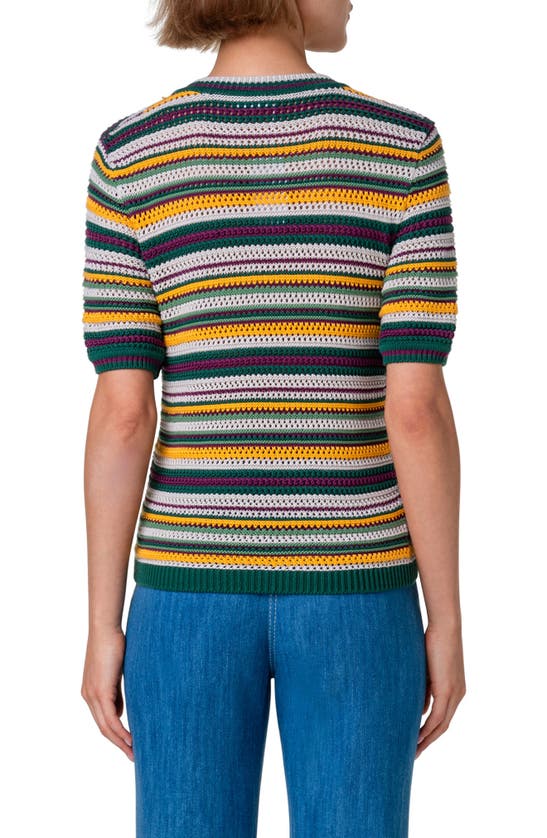 Shop Akris Punto Stripe Short Sleeve Crewneck Sweater In Leaf Green-multicolor