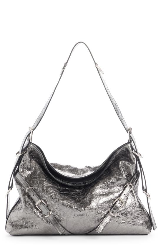 Givenchy Medium Voyou Metallic Leather Hobo In Gris Argente