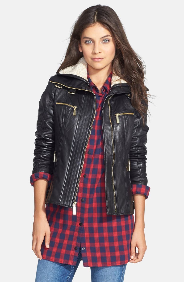 Faux Shearling Trim Lambskin Leather Jacket