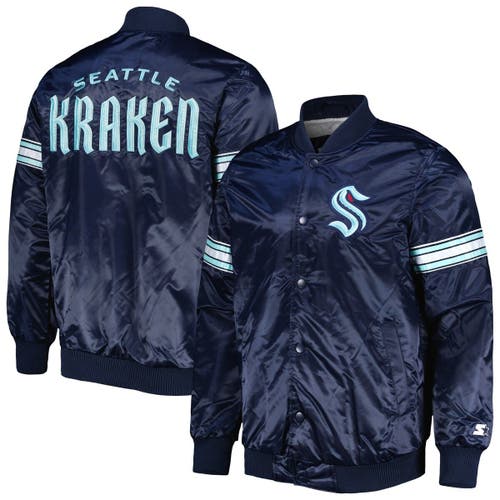 Men's Starter Deep Sea Blue Seattle Kraken Pick & Roll Satin Full-Snap Varsity Jacket in Navy