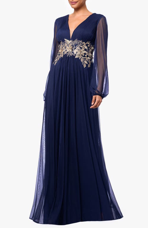 Shop Betsy & Adam Metallic Floral Appliqué Long Sleeve Gown In Navy/gold