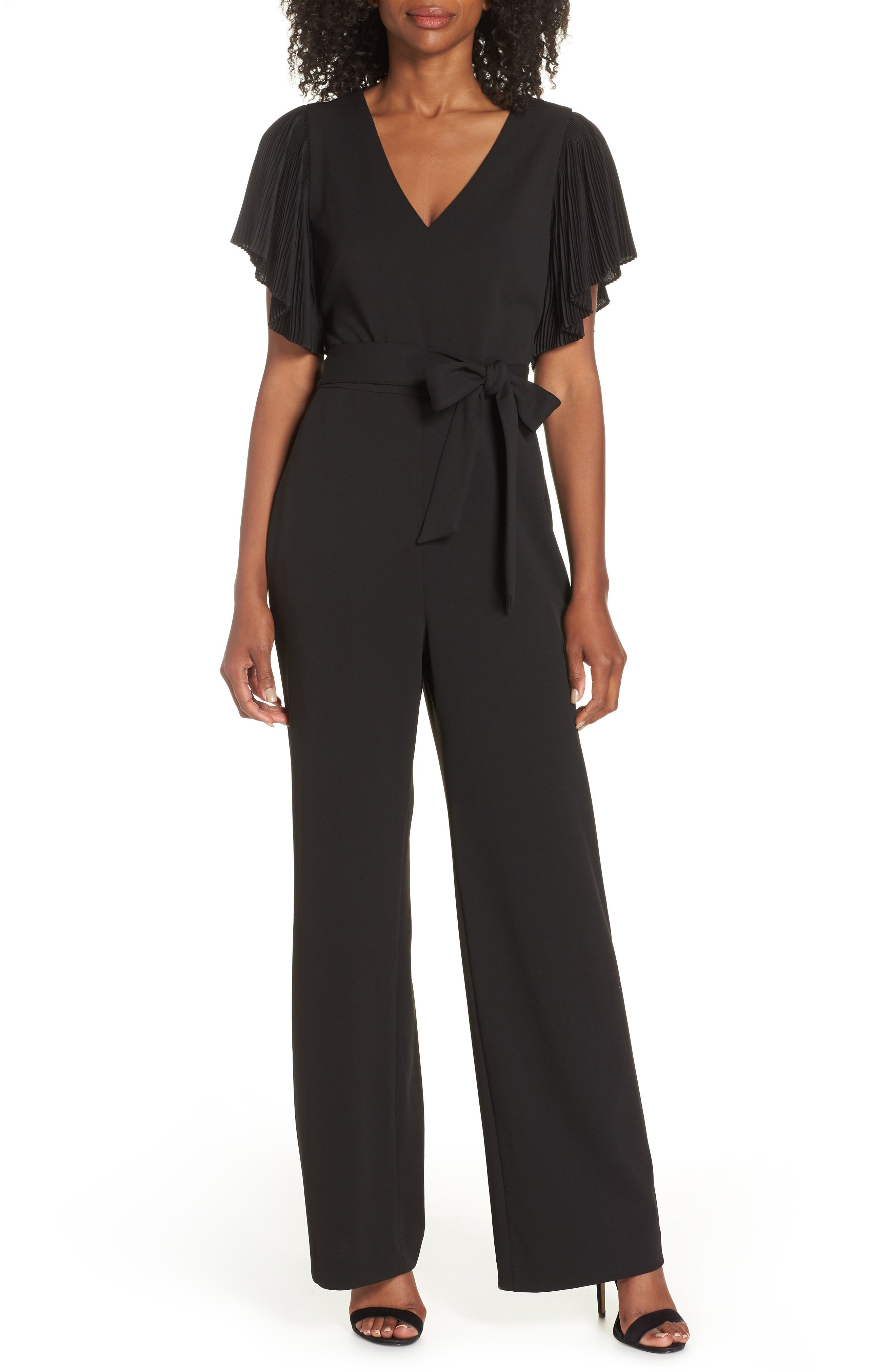 black plunge neck jumpsuit