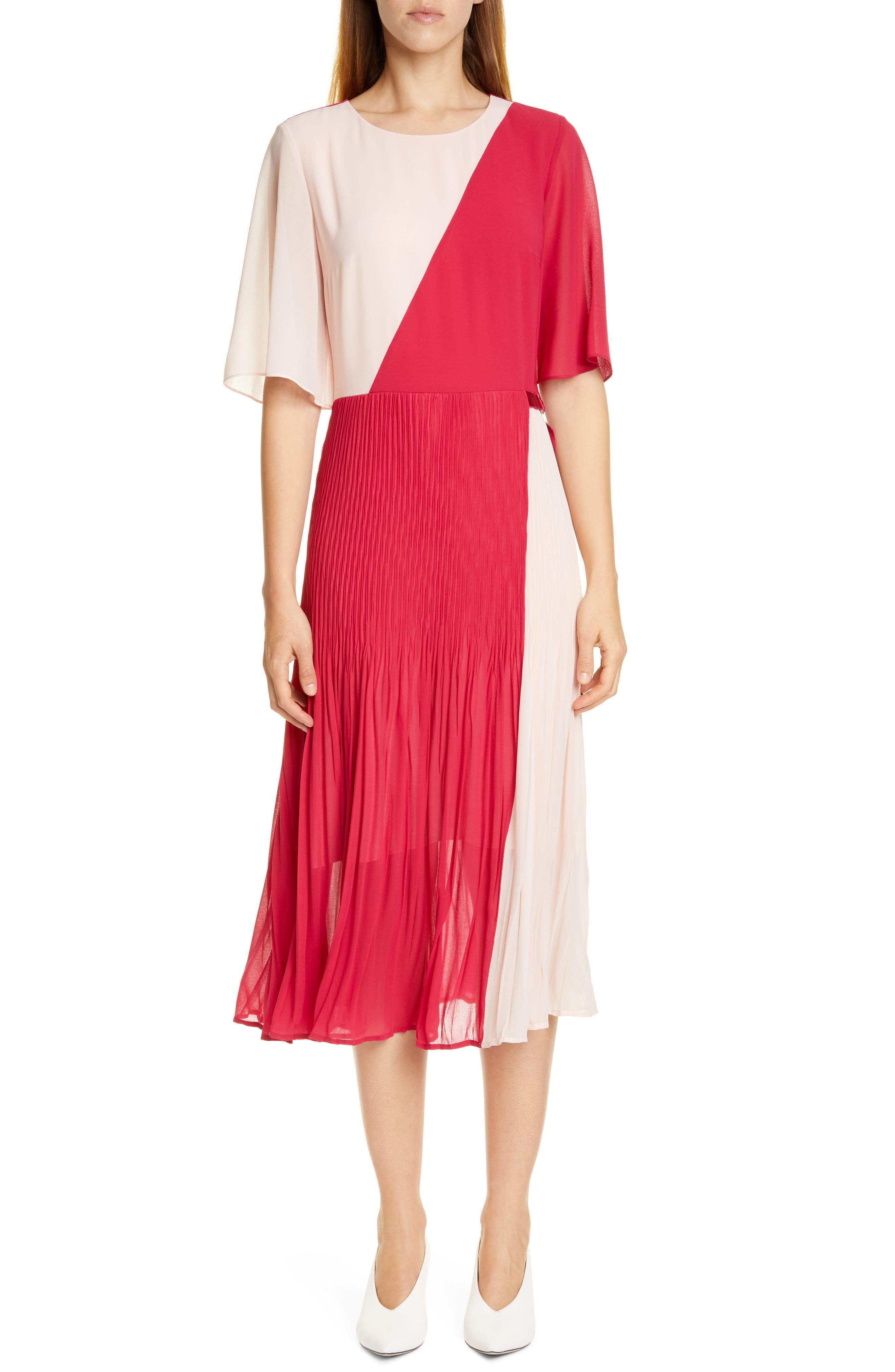 Hugo Kirana Colorblock Pleated Chiffon Midi Dress, Pink