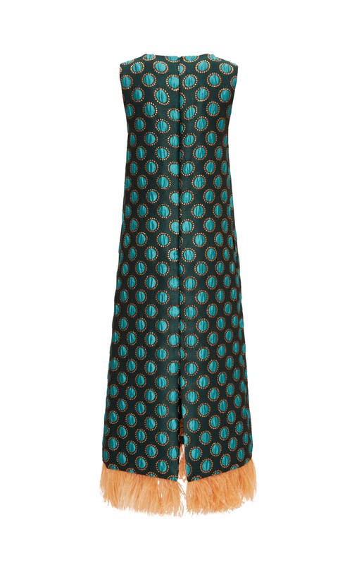 La Doublej Jacquard Column Dress With Feather Trim In Jacquard Winter Sun Emerald