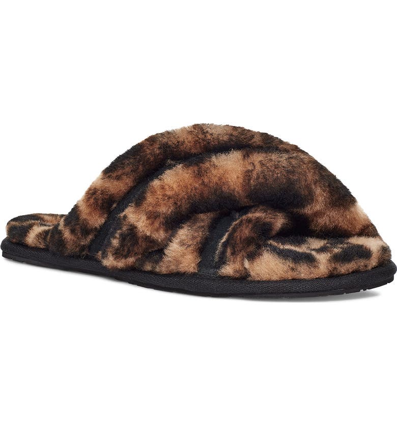 UGG<SUP>®</SUP> Scuffita Genuine Shearling Slide Slipper, Main, color, BUTTERSCOTCH PANTHER PRINT