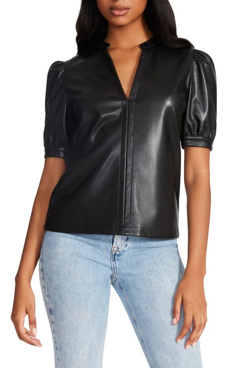 Steve Madden Jane Puff Sleeve Faux Leather Top