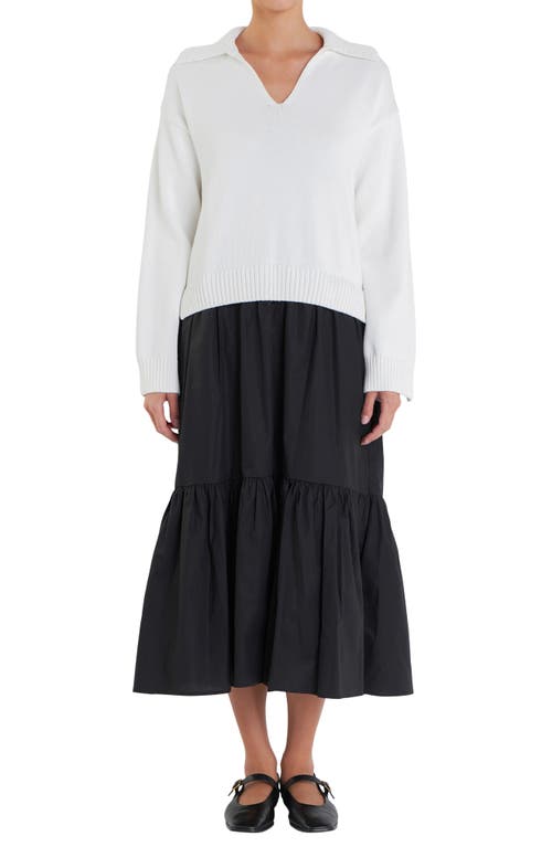 ENGLISH FACTORY ENGLISH FACTORY MIXED MEDIA LONG SLEEVE SWEATER MIDI DRESS