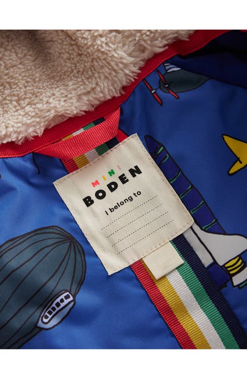 Shop Mini Boden Kids' Aircraft Print Zip Hooded Puffer Jacket In Bluejay Transport