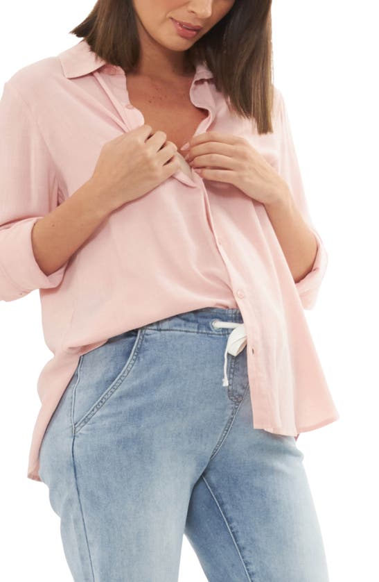 Shop Ripe Maternity Clara Relaxed Maternity/nursing Button-up Shirt In Soft Pink