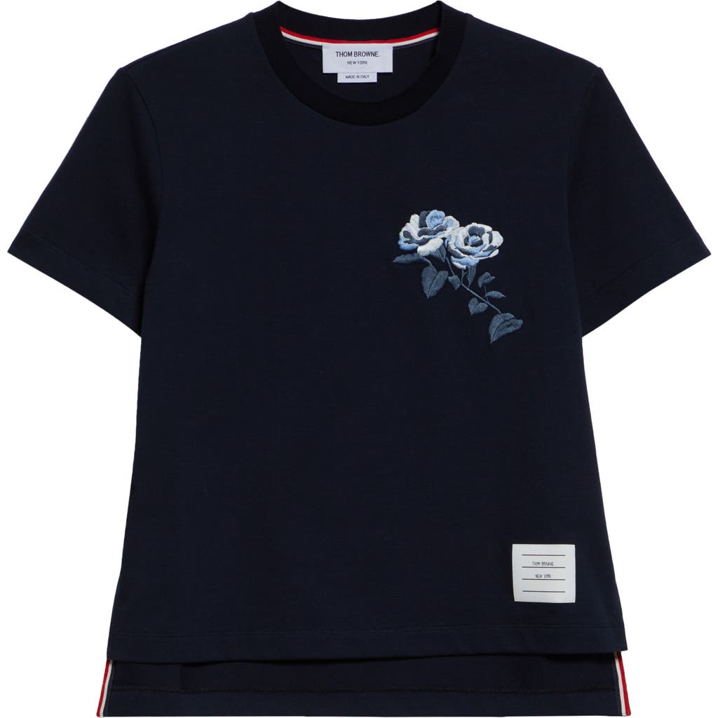 Thom Browne Rose Embroidered T-shirt In Navy