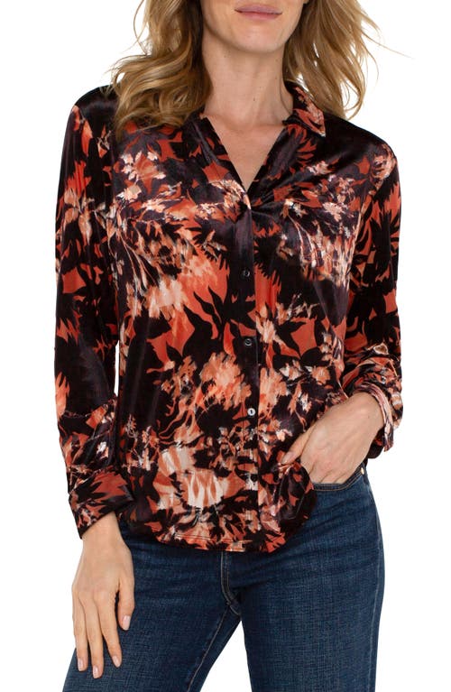 Shop Liverpool Floral Burnout Velvet Button-up Shirt In Fire Opal Burnout