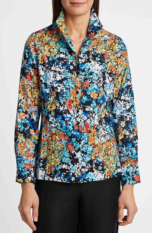 Foxcroft Katie Floral Print Cotton Button-Up Shirt Blue Multi at Nordstrom