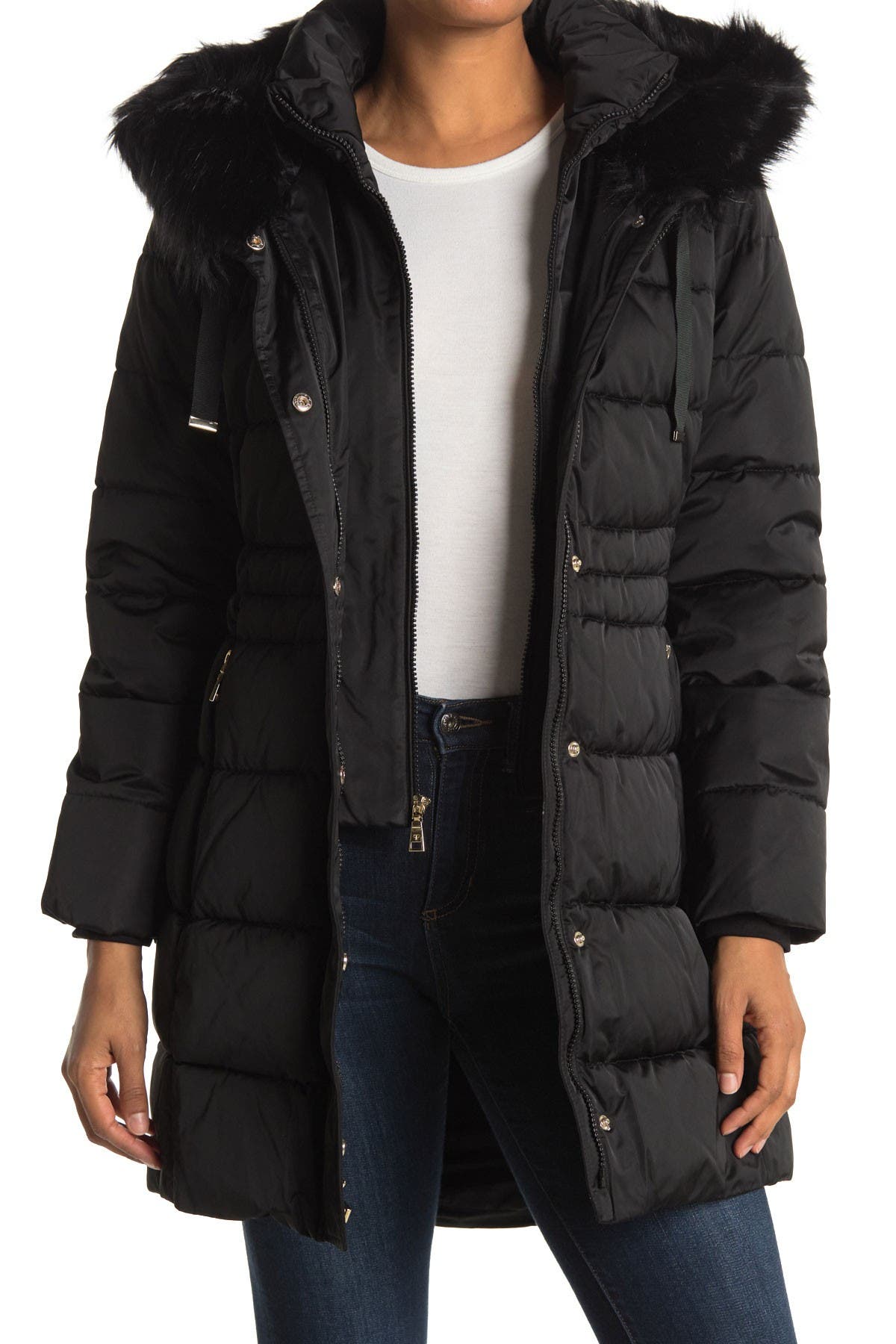 tahari faux fur trim puffer coat