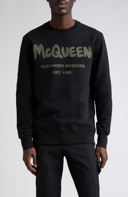 Shop Alexander Mcqueen Graffiti Logo Cotton Graphic Sweatshirt In Black/khaki