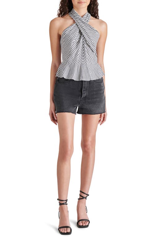 Shop Steve Madden Kosta Stripe Crossover Peplum Cotton & Linen Top In Navy Stripe