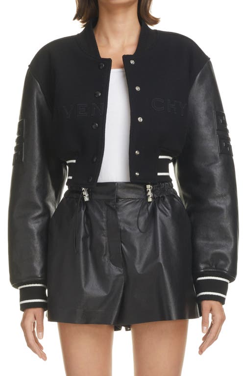 Givenchy Leather Sleeve Logo Crop Varsity Jacket Black/White at Nordstrom, Us