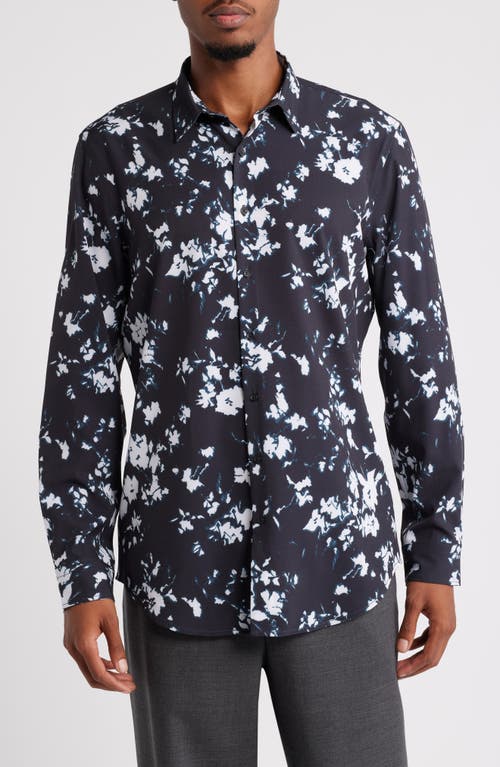 Open Edit Extra Trim Fit Floral Stretch Button-Up Shirt in Black- White Winded Floral 