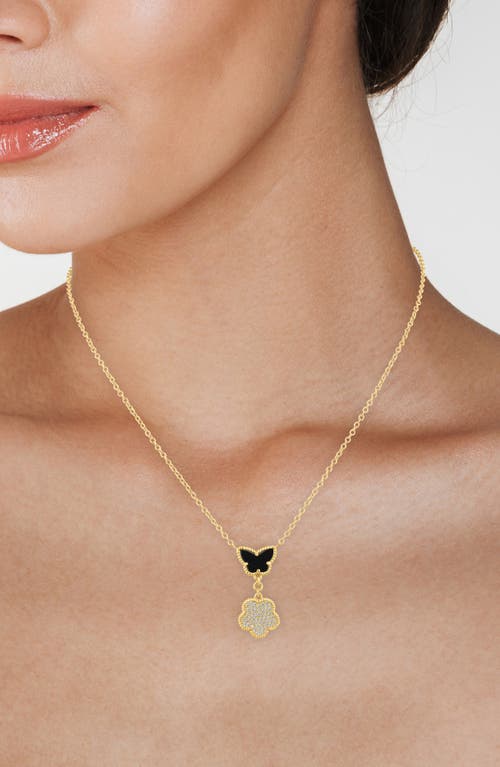 Kenneth Jay Lane Cz By  Cz Pavé Butterfly & Clover Drop Pendant Necklace In Black/gold