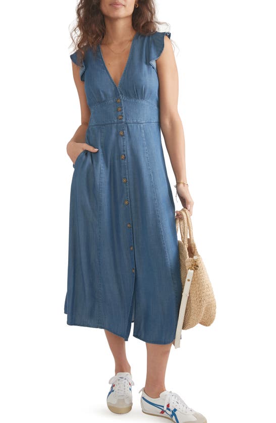 Shop Marine Layer Camila Ruffle Sleeve Midi Dress In Chambray