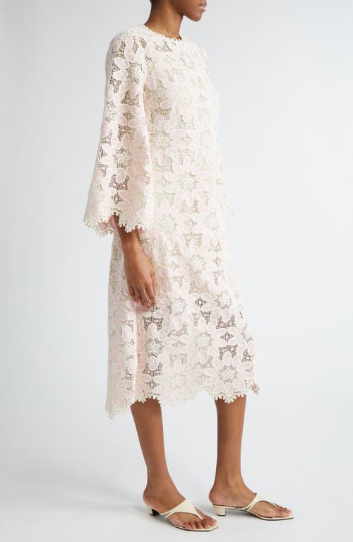 Shop Zimmermann Ottie Long Sleeve Guipure Lace Cotton Blend Midi Dress In Cream/pink