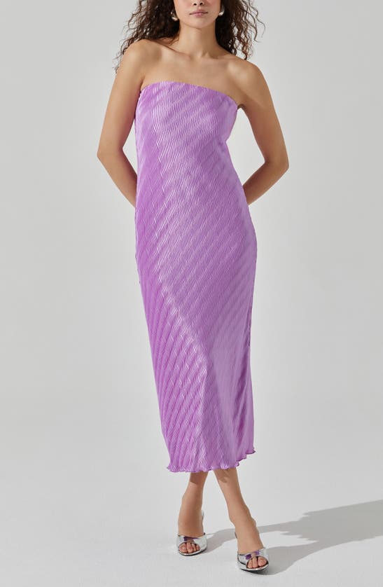 Shop Astr Plissé Strapless Midi Dress In Purple