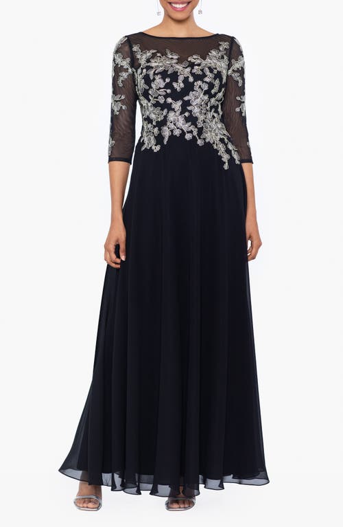 Metallic Embroidered Chiffon Gown in Black/Gold