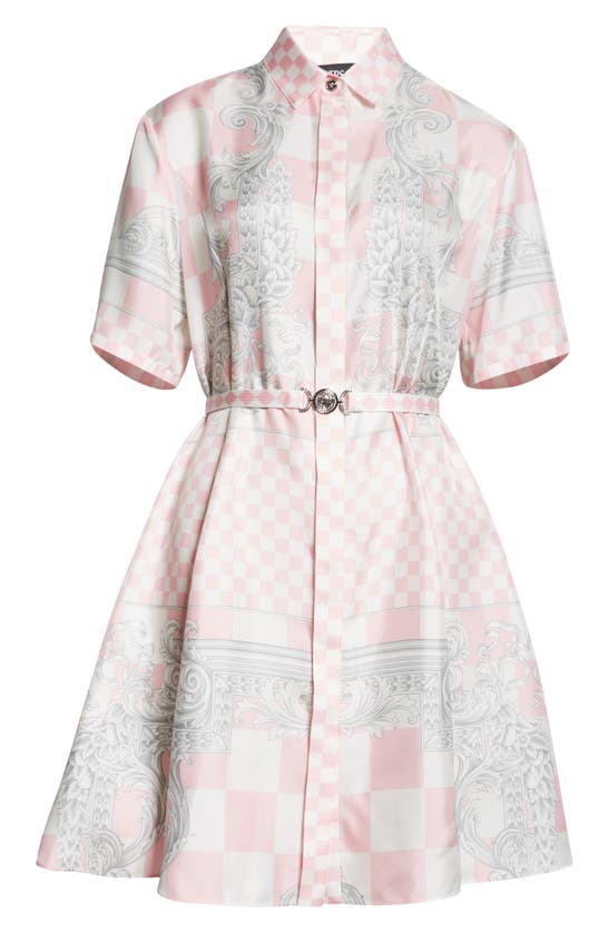 Shop Versace Check & Barocco Print Short Sleeve Silk Shirtdress In Pastel Pink White Silver