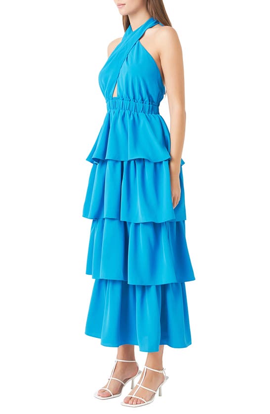 Shop Endless Rose Tiered Halter Maxi Dress In Blue