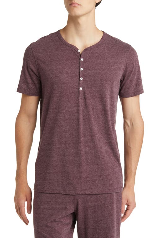 Heathered Recycled Cotton Blend Henley Pajama T-Shirt in Wine