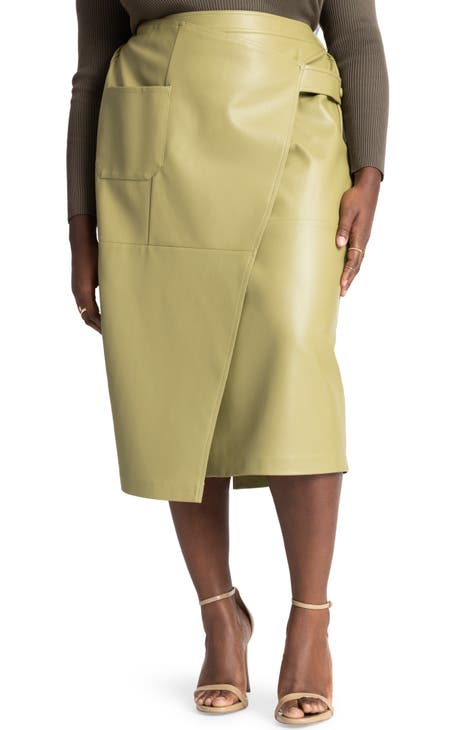 pbnbp Womens Classic Faux Lether Skirt High Waist Plus Size Strethcy Wrap  Bodycon Midi Pencil Skirt 