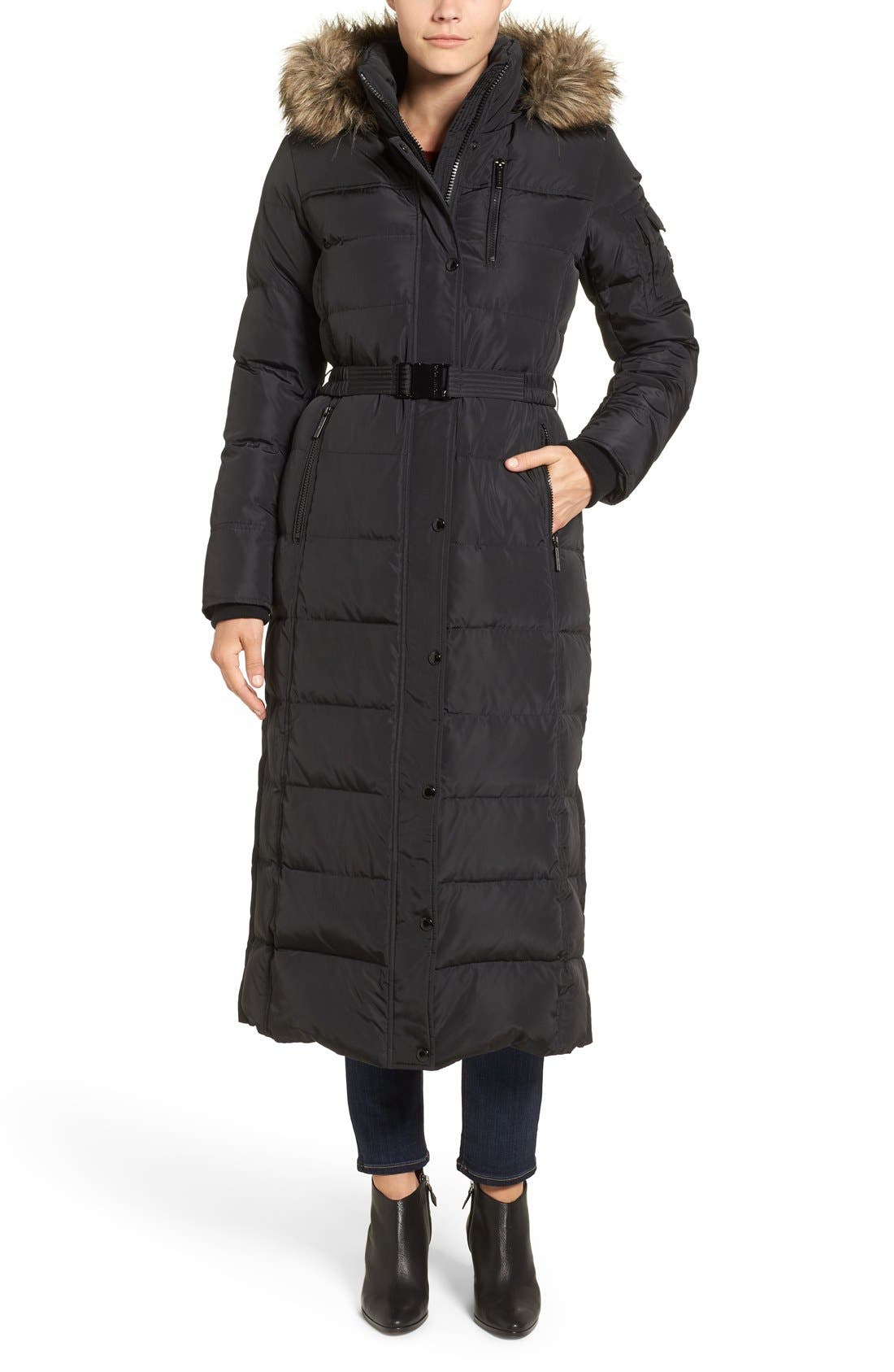 Kors Michael Kors Faux Fur Trim Belted Down & Feather Fill Maxi Coat