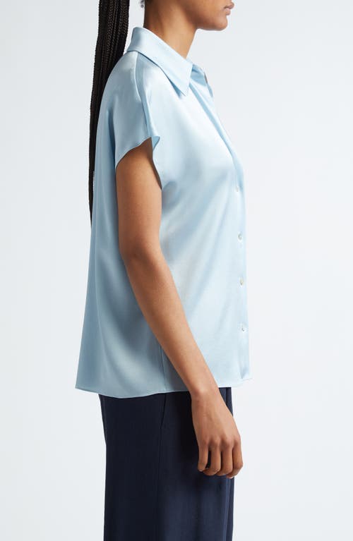 Shop Vince Cap Sleeve Gathered Back Short Sleeve Silk Button-up Shirt In Pacific Mist