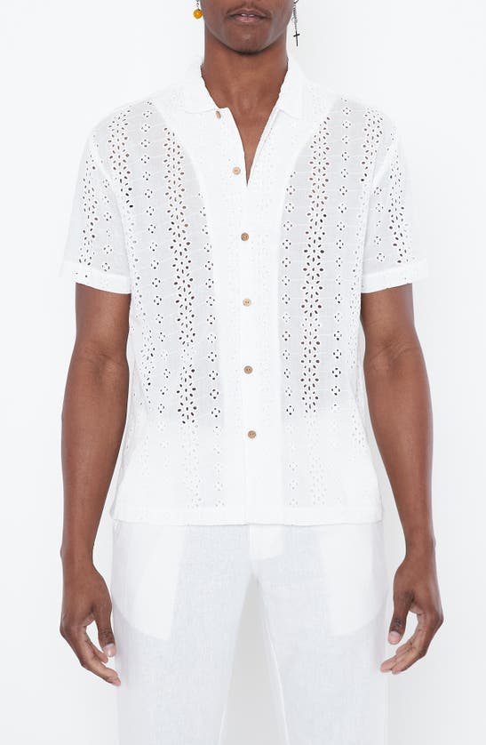 Raga Man Azad Eyelet Short Sleeve Cotton Button-up Shirt In White