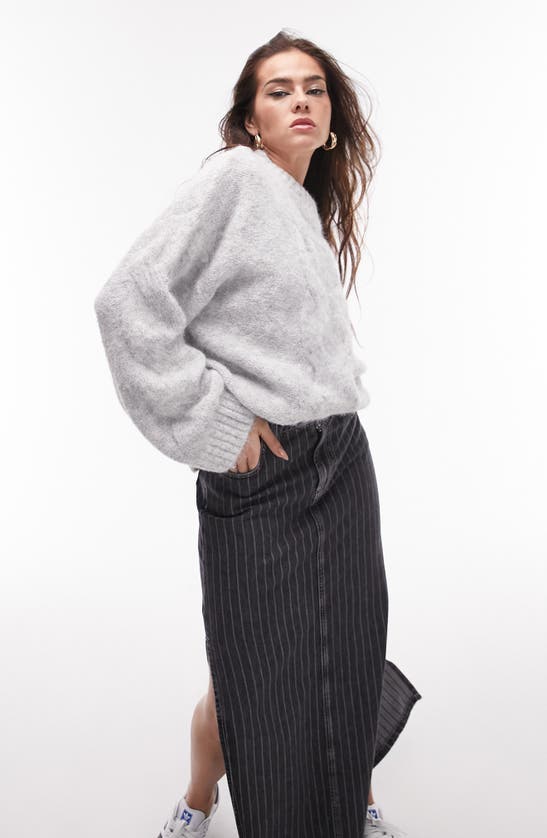 Topshop Knit Fluffy Cable Front Two Tone Sweater In Gray-white In Light Grey