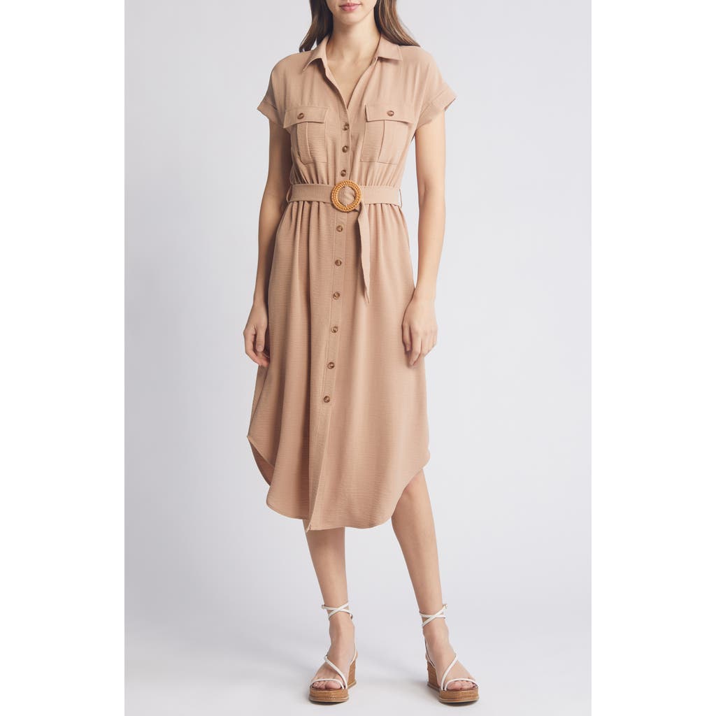 ZOE AND CLAIRE Belted Short Sleeve Shirtdress in Mocha 