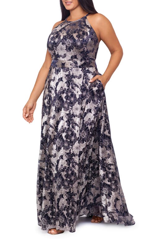 BETSY & ADAM BETSY & ADAM METALLIC FLORAL GOWN 