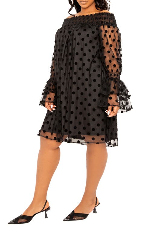 Buxom Couture Flock Dot Off The Shoulder Dress In Black