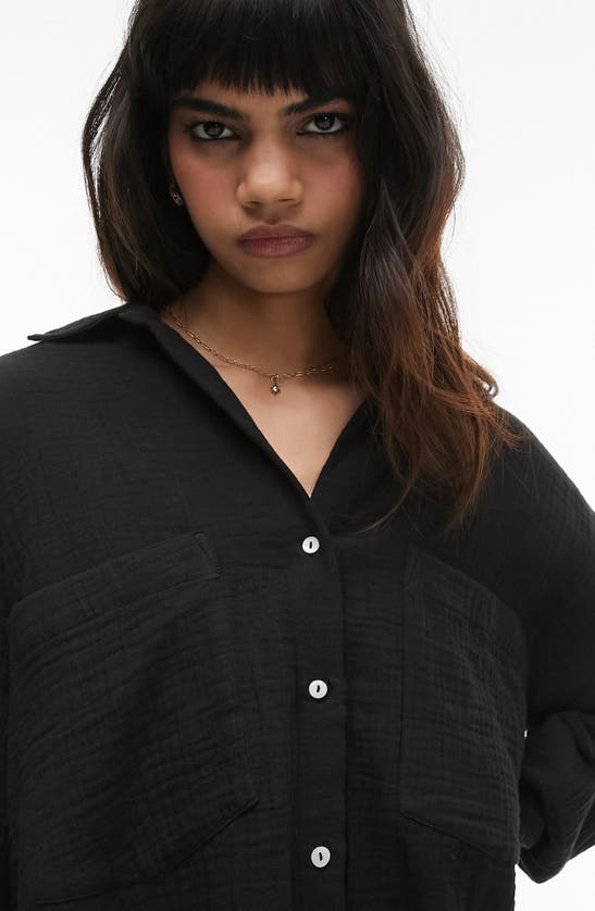 Shop Topshop Cotton Gauze Button-up Shirt In Black